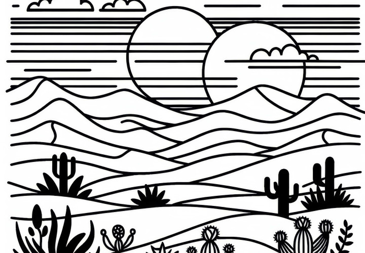 Paisagem de dunas de um deserto ao pôr do sol - Desenho para colorir gratuito