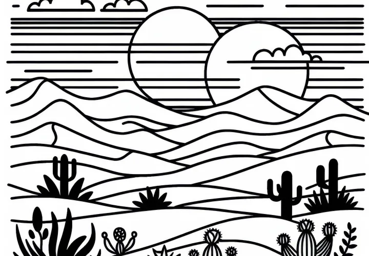 Dune landscape of a desert with sunset – Free coloring page