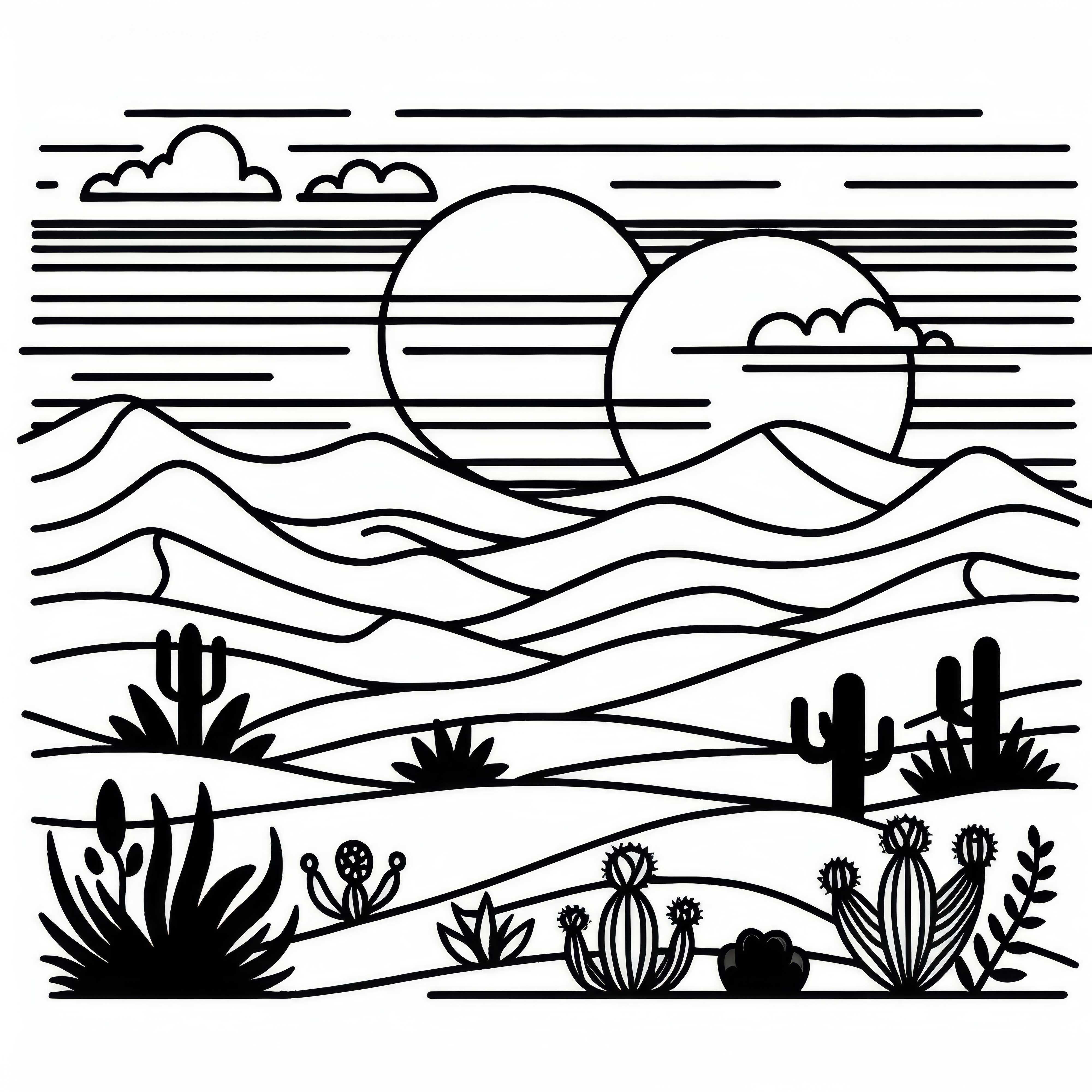Paisagem de dunes de um deserto ao pôr do sol - Desenho para colorir gratuito
