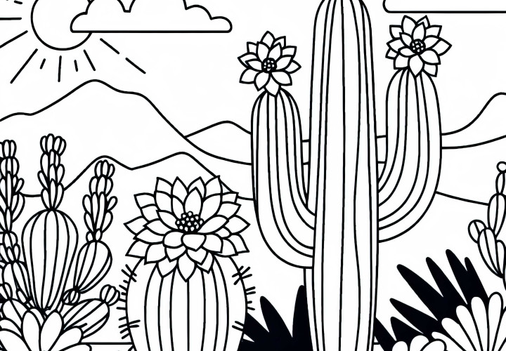 Cacto com flores no deserto - Desenho para colorir gratuito