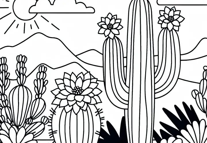 Cactus with flowers in the desert - free coloring page