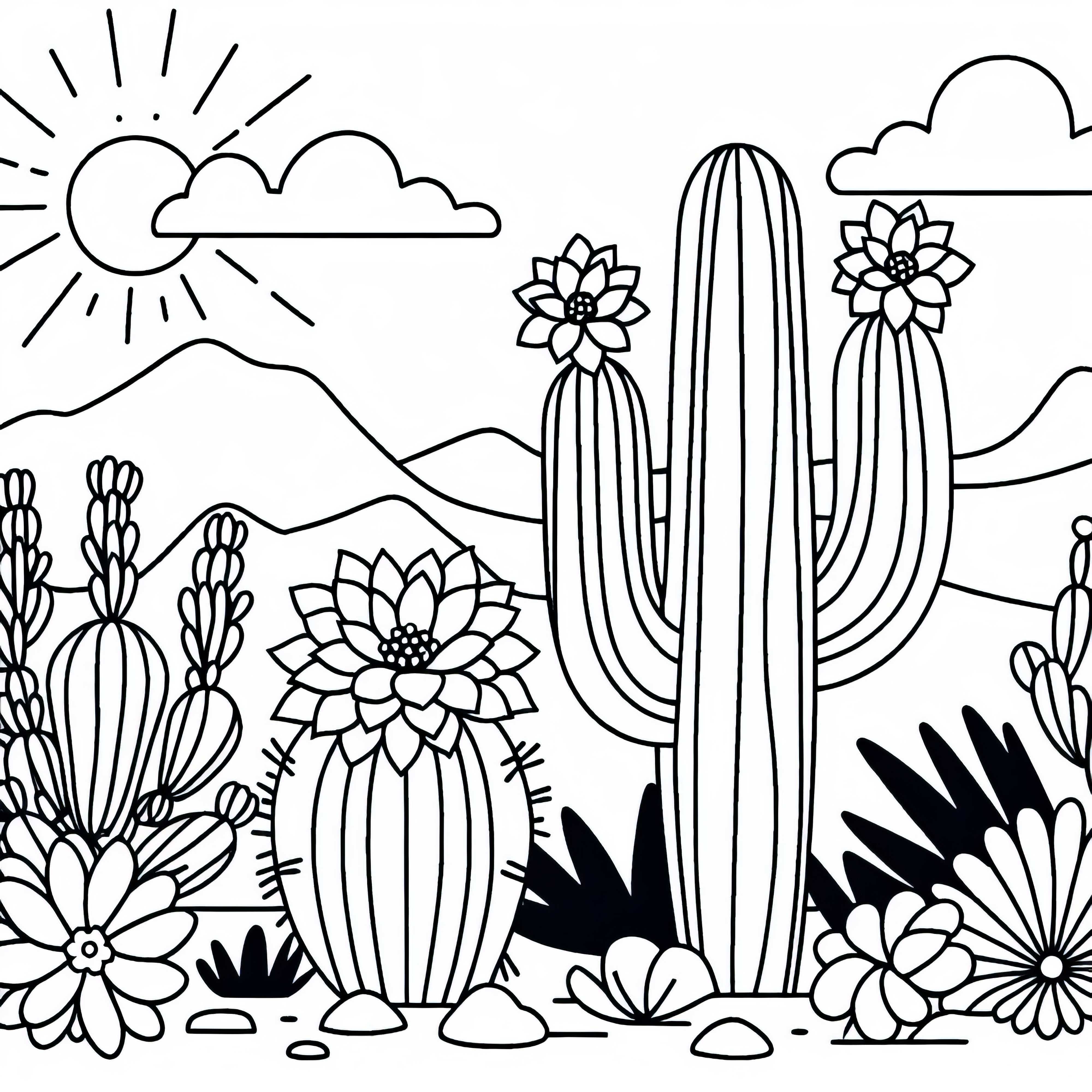 Cacto com flores no deserto – Desenho para colorir grátis