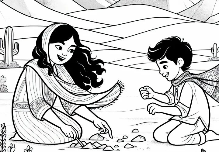 Children playing in the desert - Free coloring page
