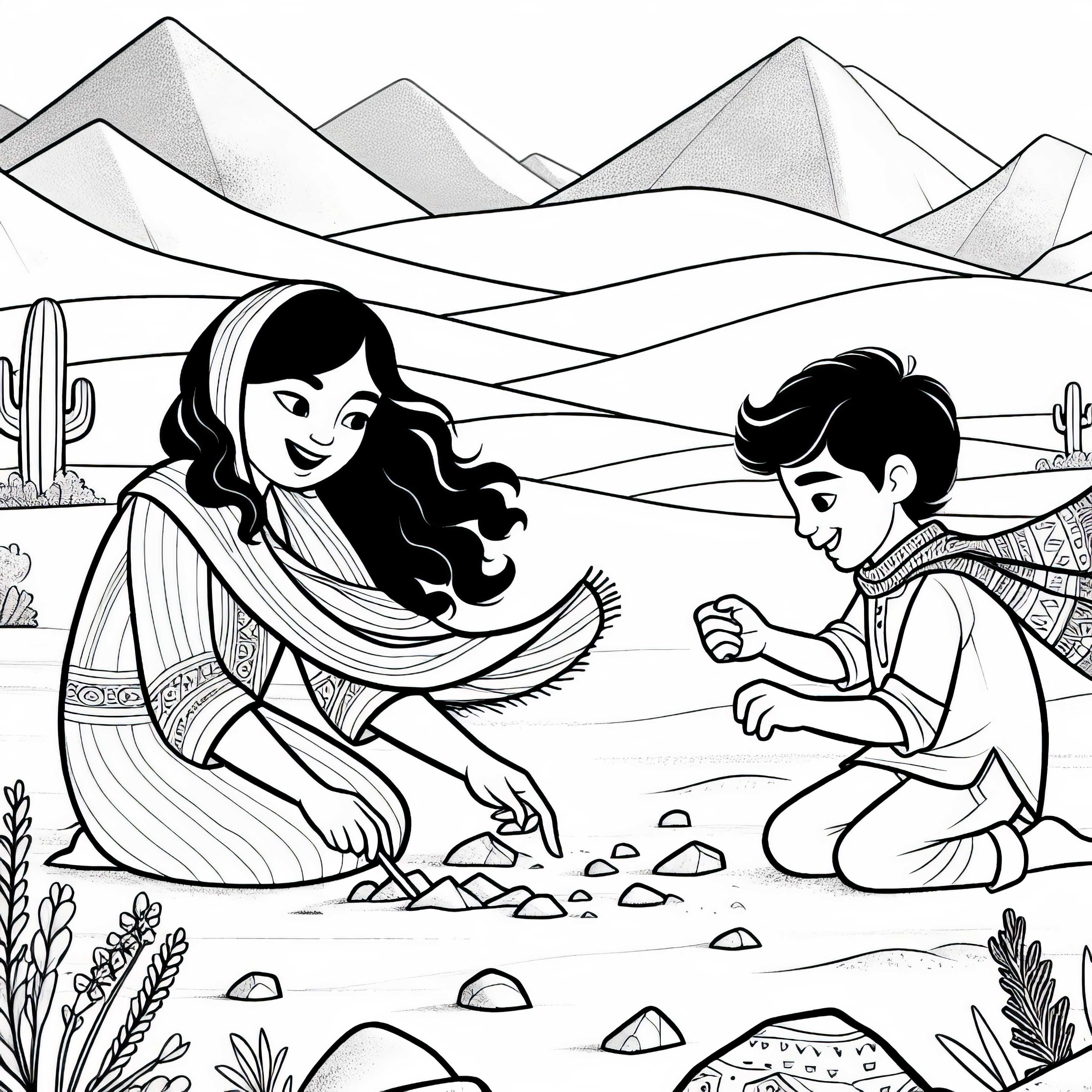 Crianças brincando no deserto – Desenho para colorir grátis