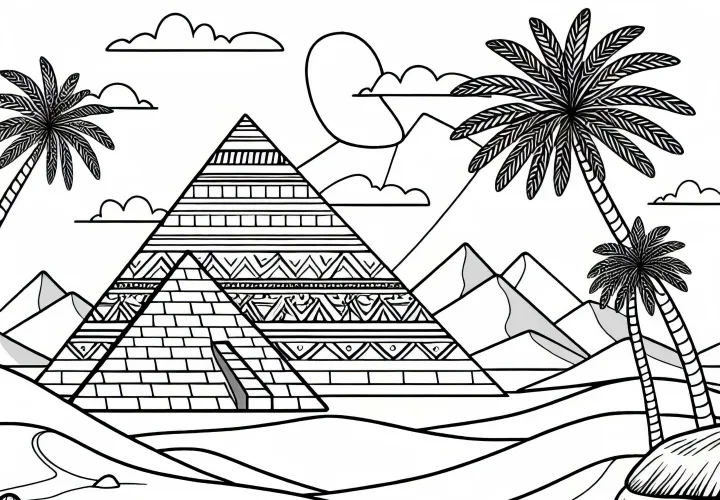 Pyramids in the desert as a coloring page for free