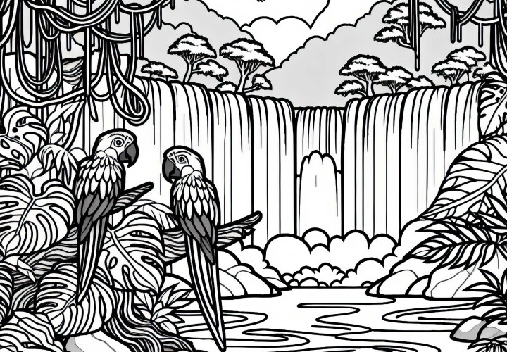Оцветяваща страница джунгла с водопад, лози и папагали