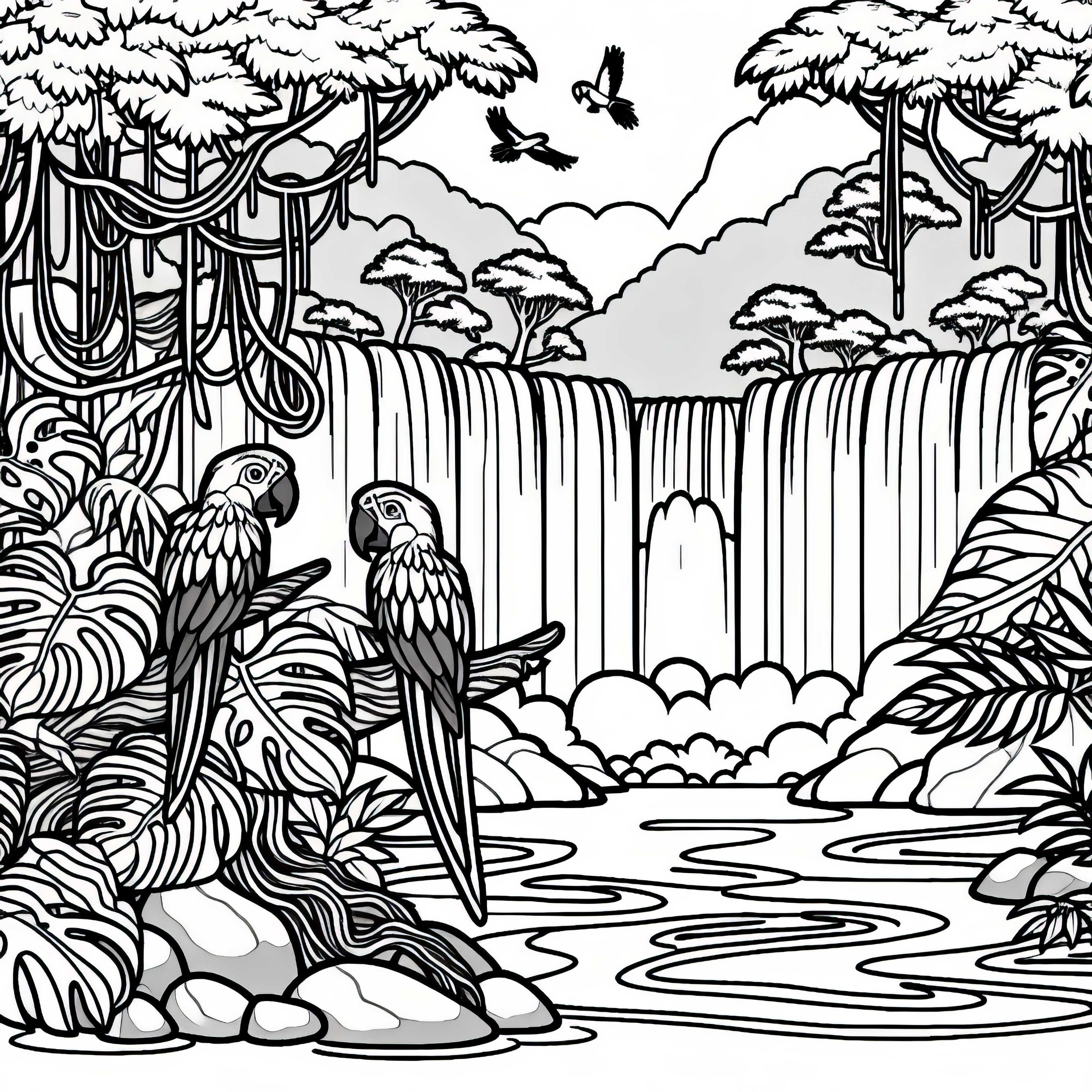 Оцветяваща книжка джунгла с водопад, лиани и папагали Оцветяваща рисунка на джунгла с водопад, лиани и папагали