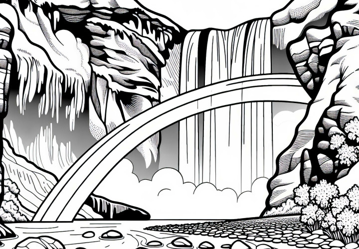 Мощен водопад с дъга като шаблон за оцветяване