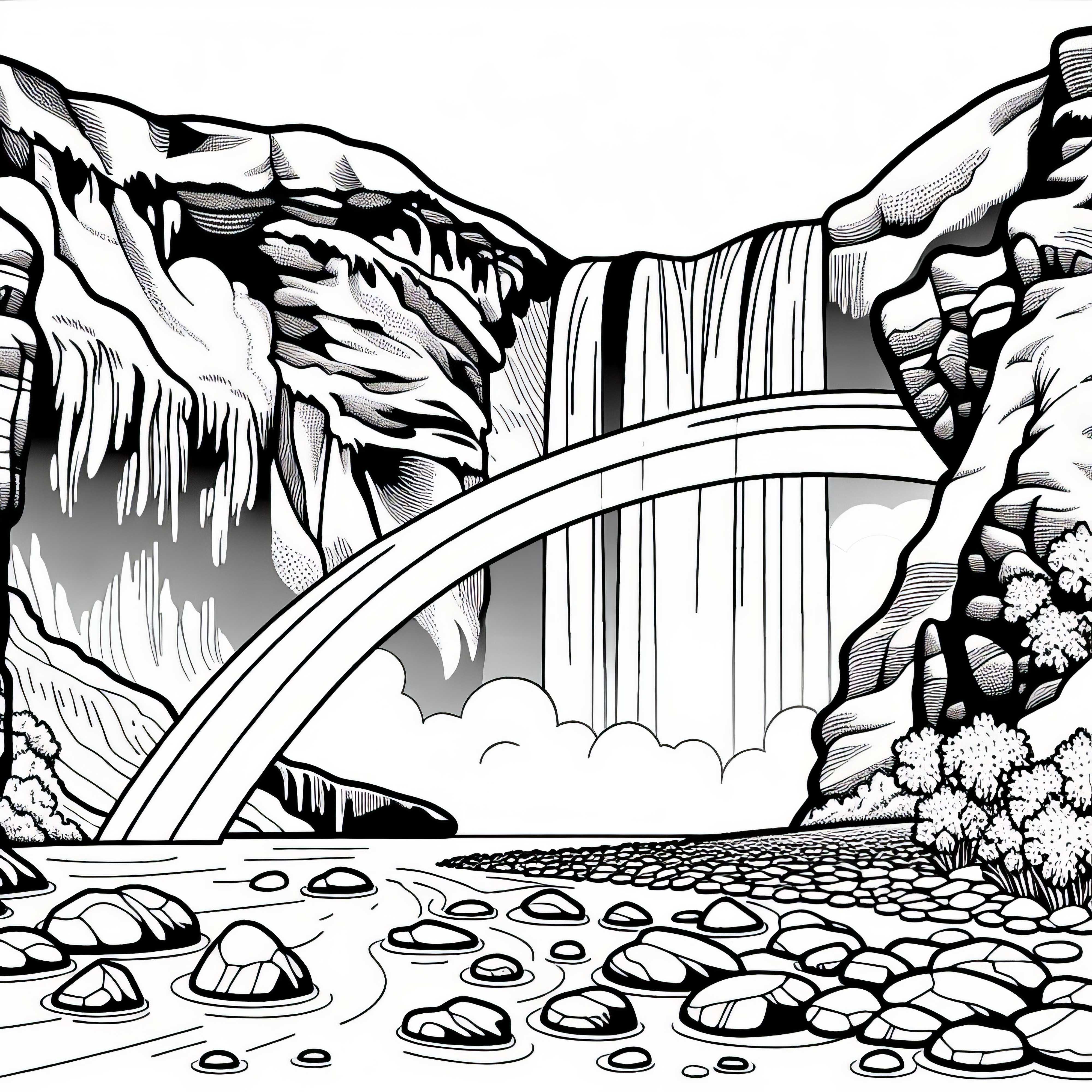 Мощен водопад с дъга като оцветяваща страница Мощен водопад с дъга като шаблон за оцветяване