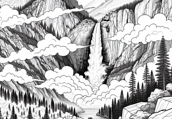 Пяна се издига над планинския водопад - безплатна оцветяваща страница