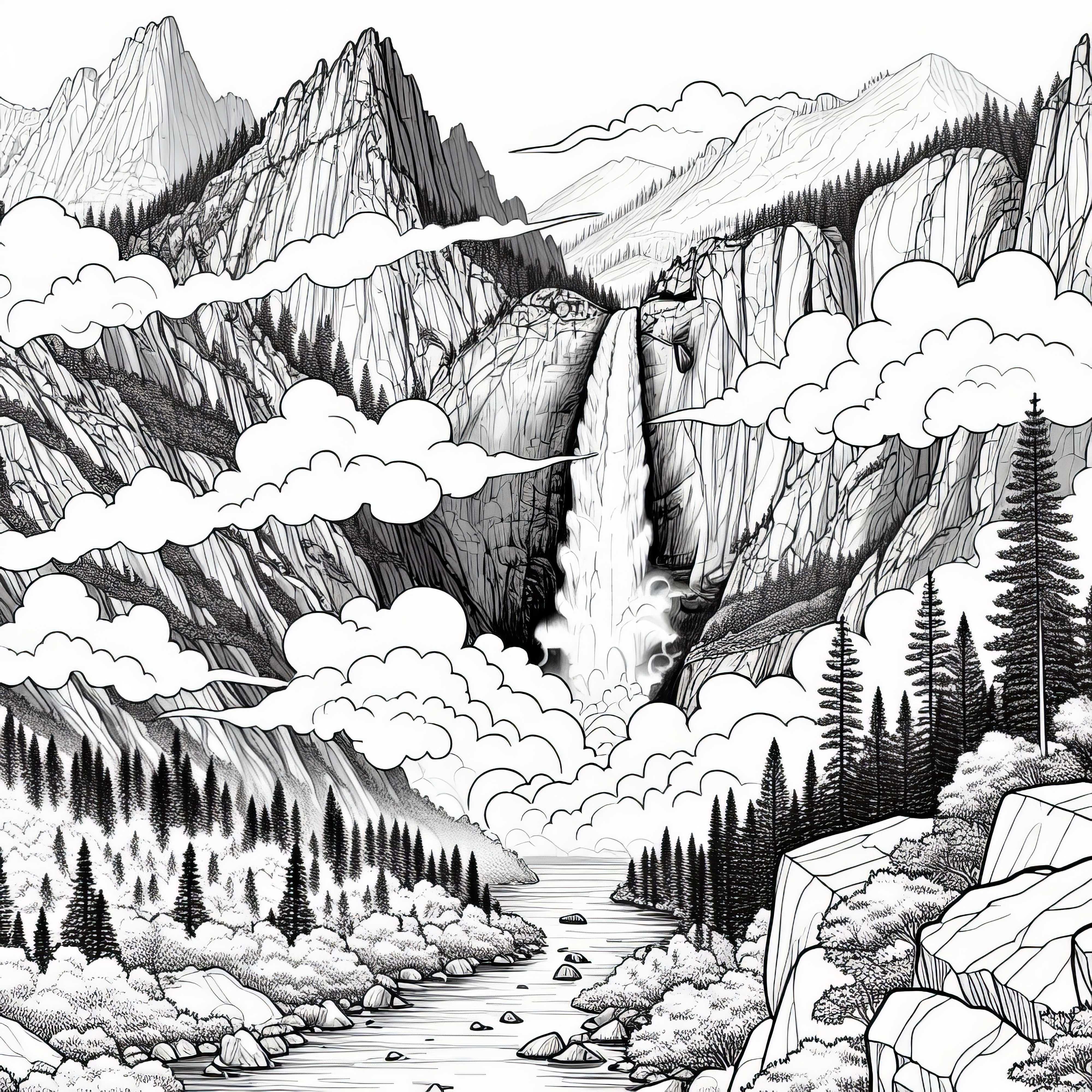 Пенлива вода се издига над водопада – Безплатна картина за оцветяване Пяна се издига над водопада в планината - безплатна картина за оцветяване