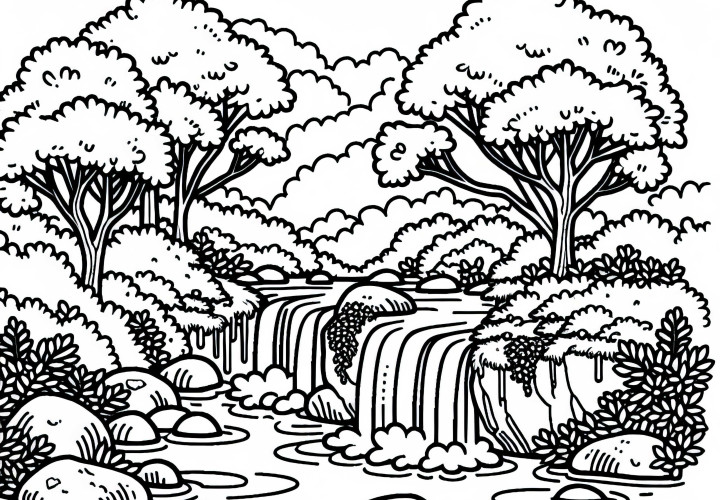 Малък водопад в гората – безплатен шаблон за оцветяване