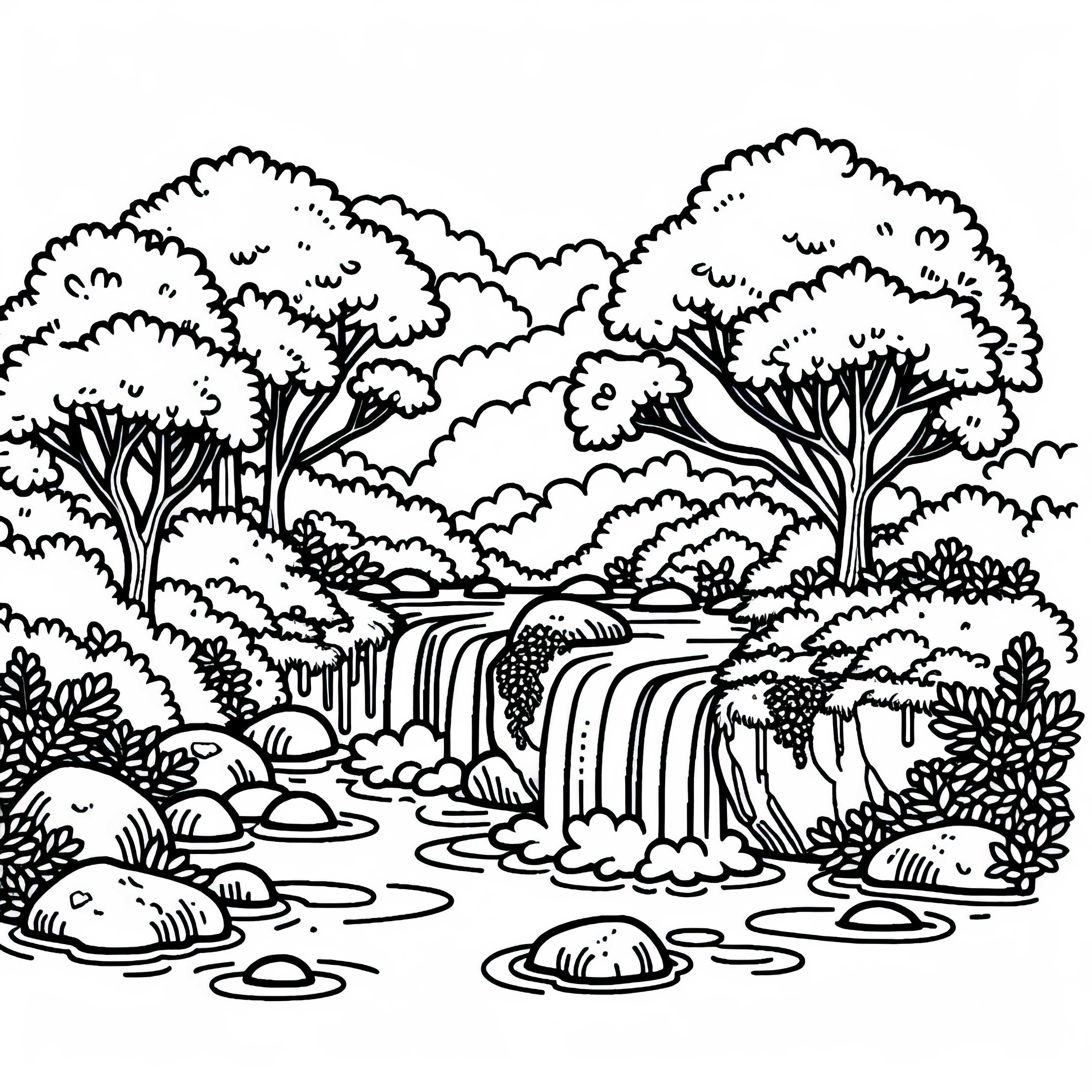 Малък водопад в гората – Безплатна цветна шаблонка Малък водопад в гората – безплатен комплект за оцветяване