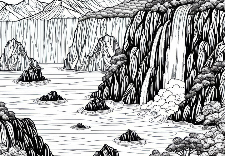 Klippe mit Wasserfall, der ins Meer fällt – Ausmalbild kostenlos