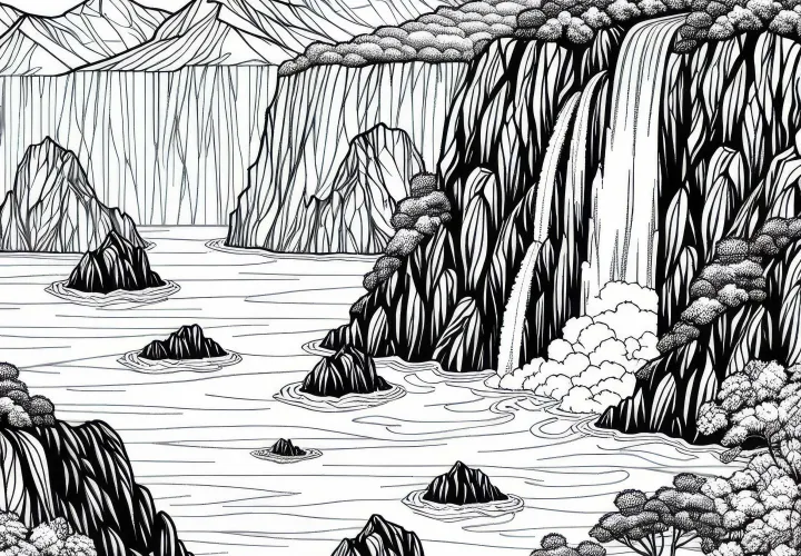 Klippe mit Wasserfall, der ins Meer fällt – Ausmalbild kostenlos