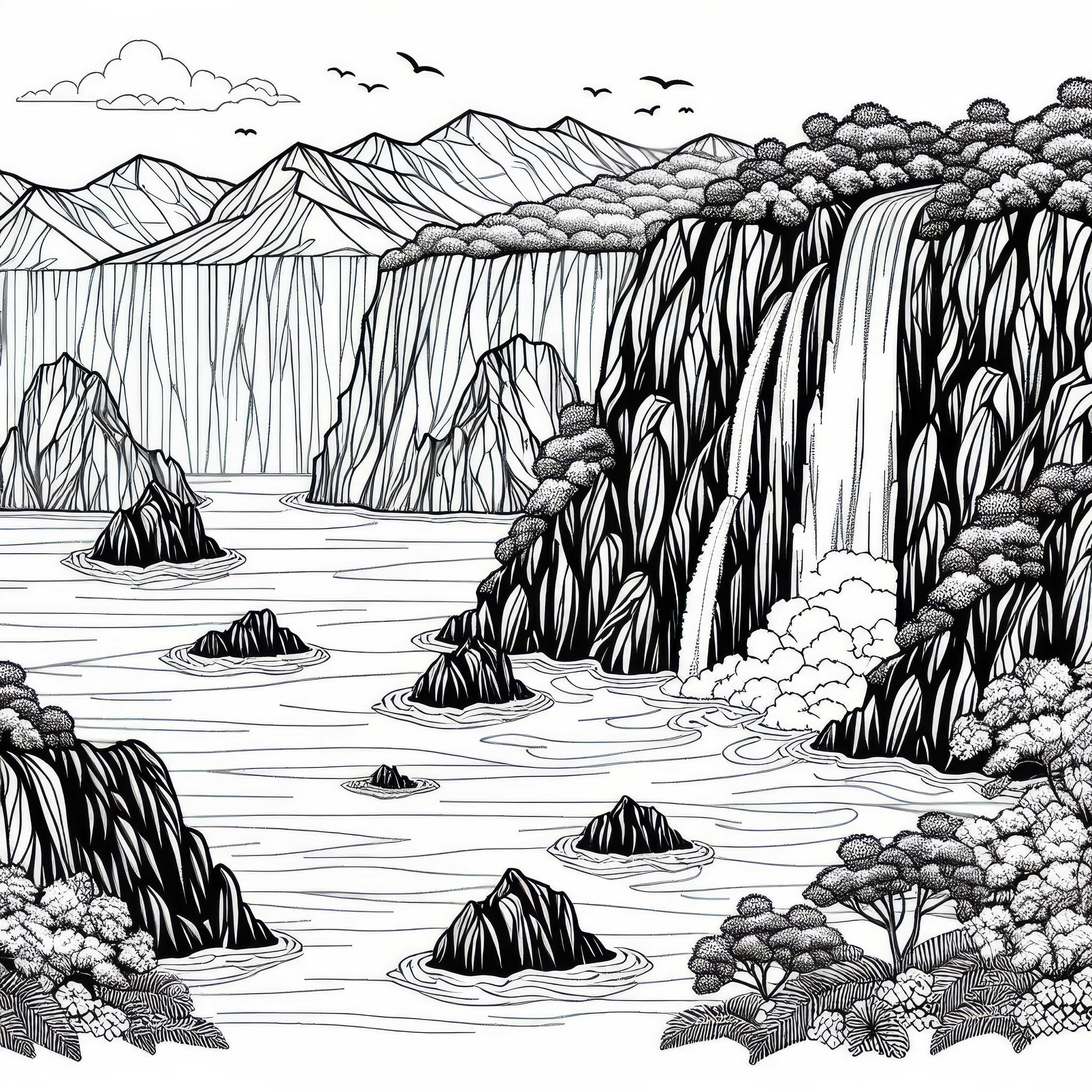 Klippe mit Wasserfall, der ins Meer f&auml;llt &ndash; Ausmalbild kostenlos