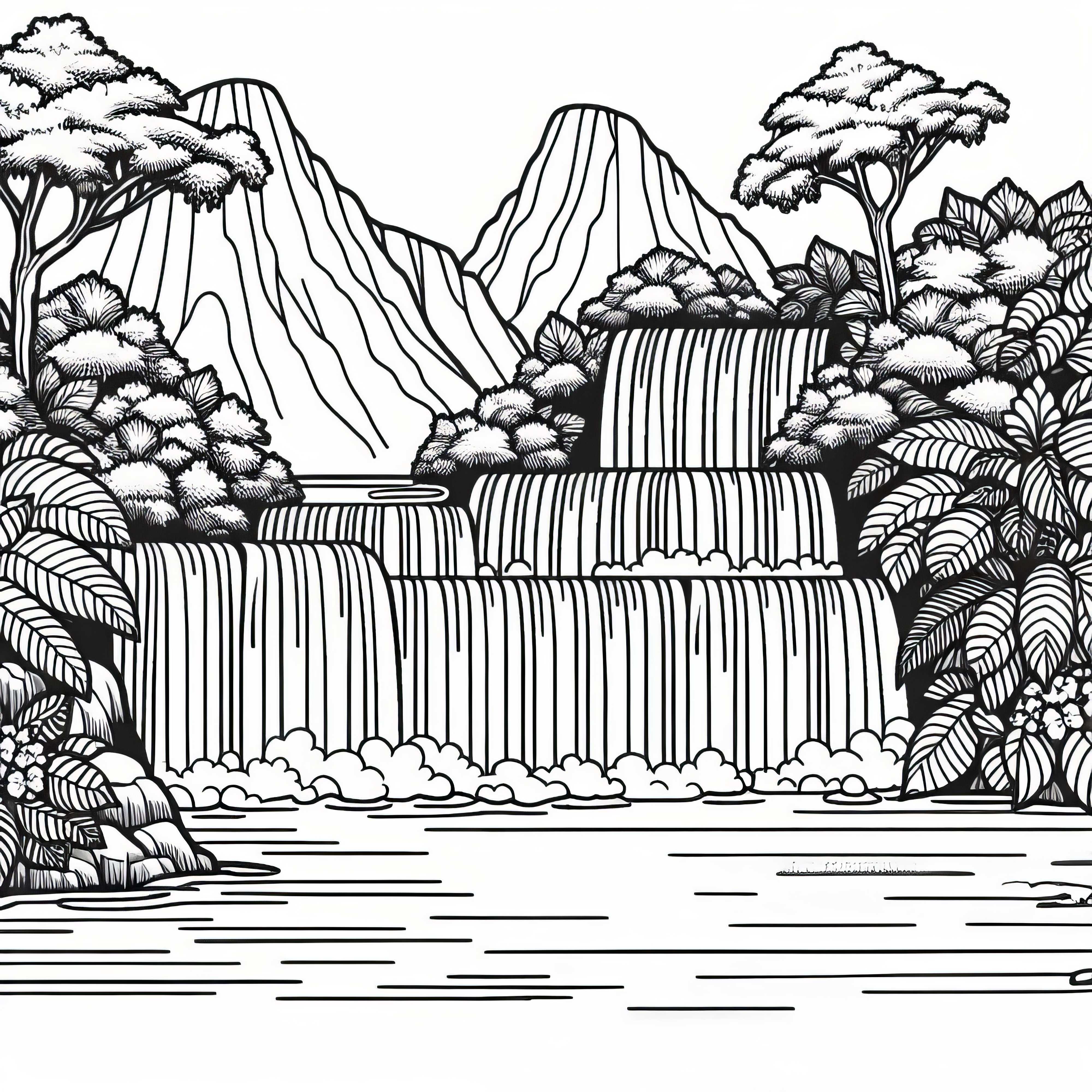 Водопади с множество стъпала - безплатна оцветяваща картина Водопади с множество нива – безплатна страница за оцветяване