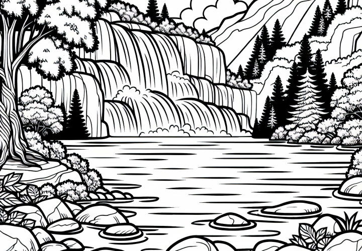 Виж при подножието на водопад – безплатен шаблон за рисуване