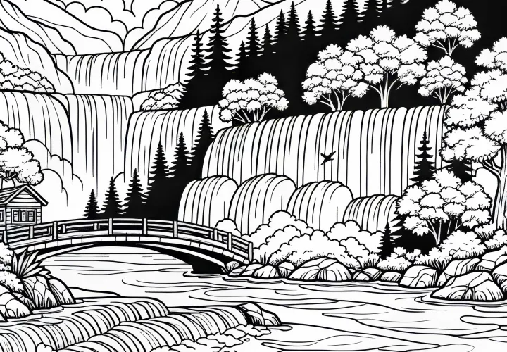 Bridge at the waterfall coloring page free