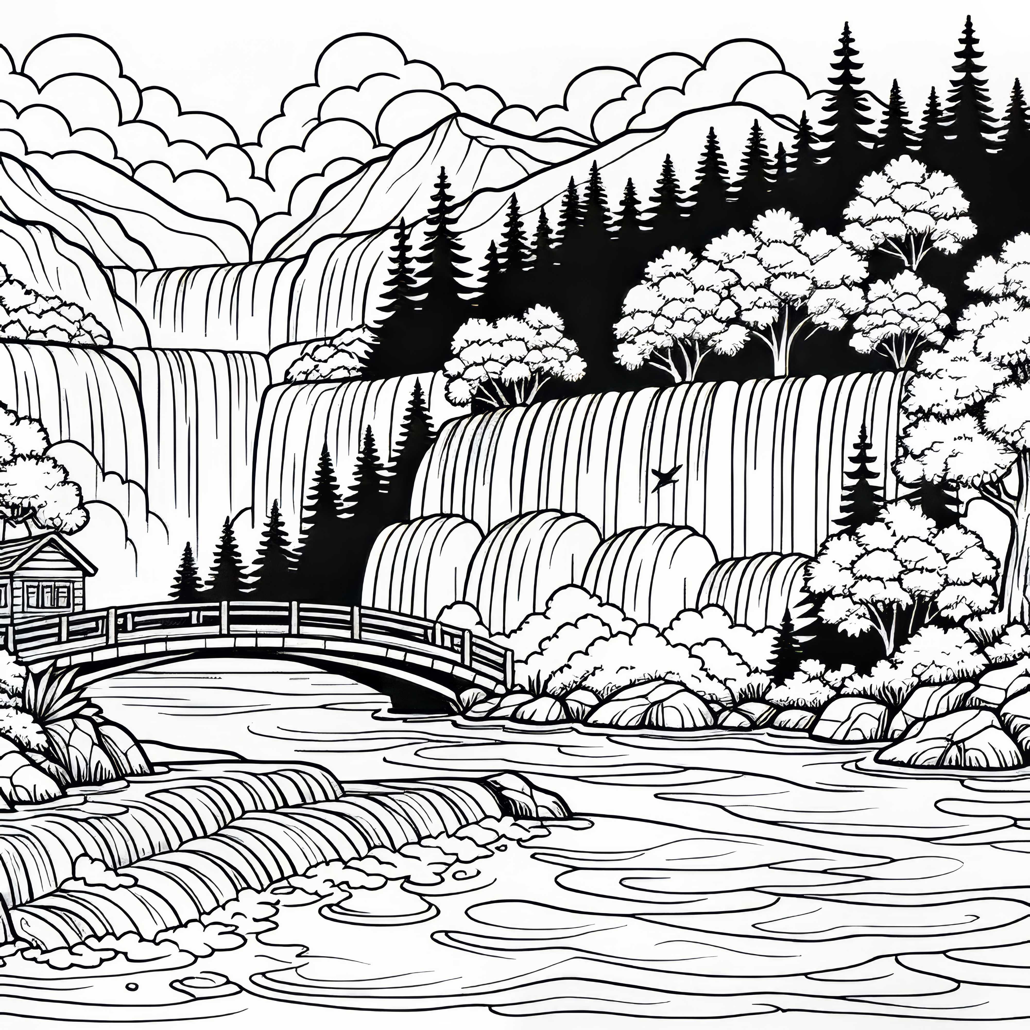 Мост над водопад оцветяваща страница безплатно Мост над водопад - безплатна оцветяваща страница