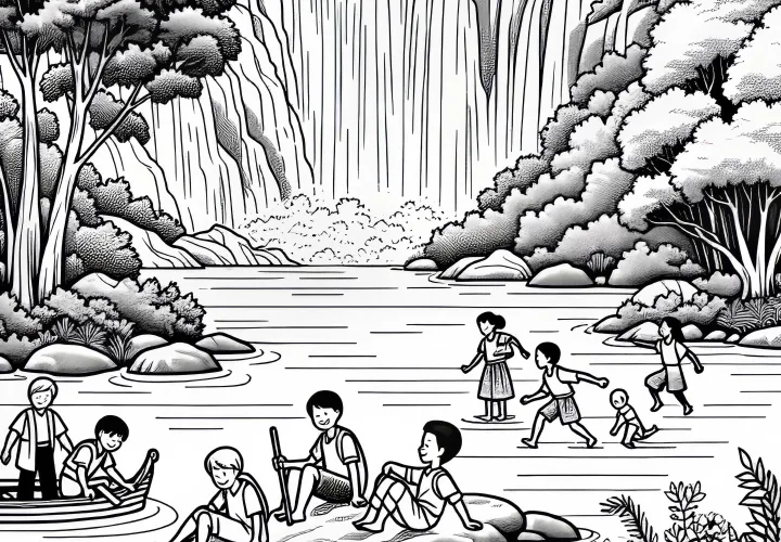 Children in the lake under waterfall - free coloring page