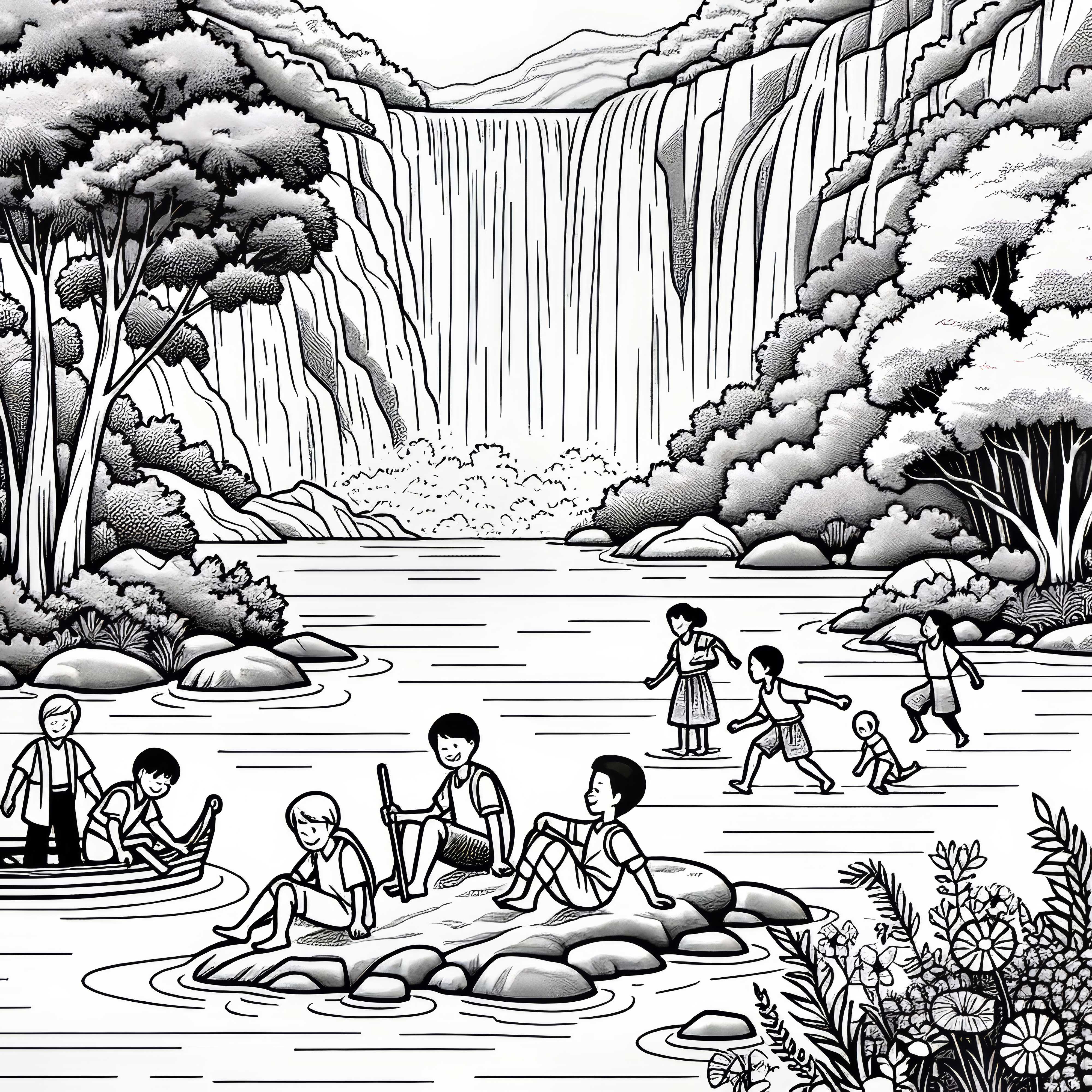 Деца в езеро под водопад - безплатна рисунка за оцветяване Деца в езерото под водопада - безплатен шаблон за оцветяване