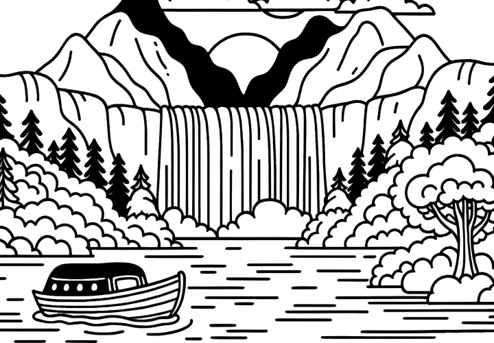 Boat sails close to waterfall - free coloring page