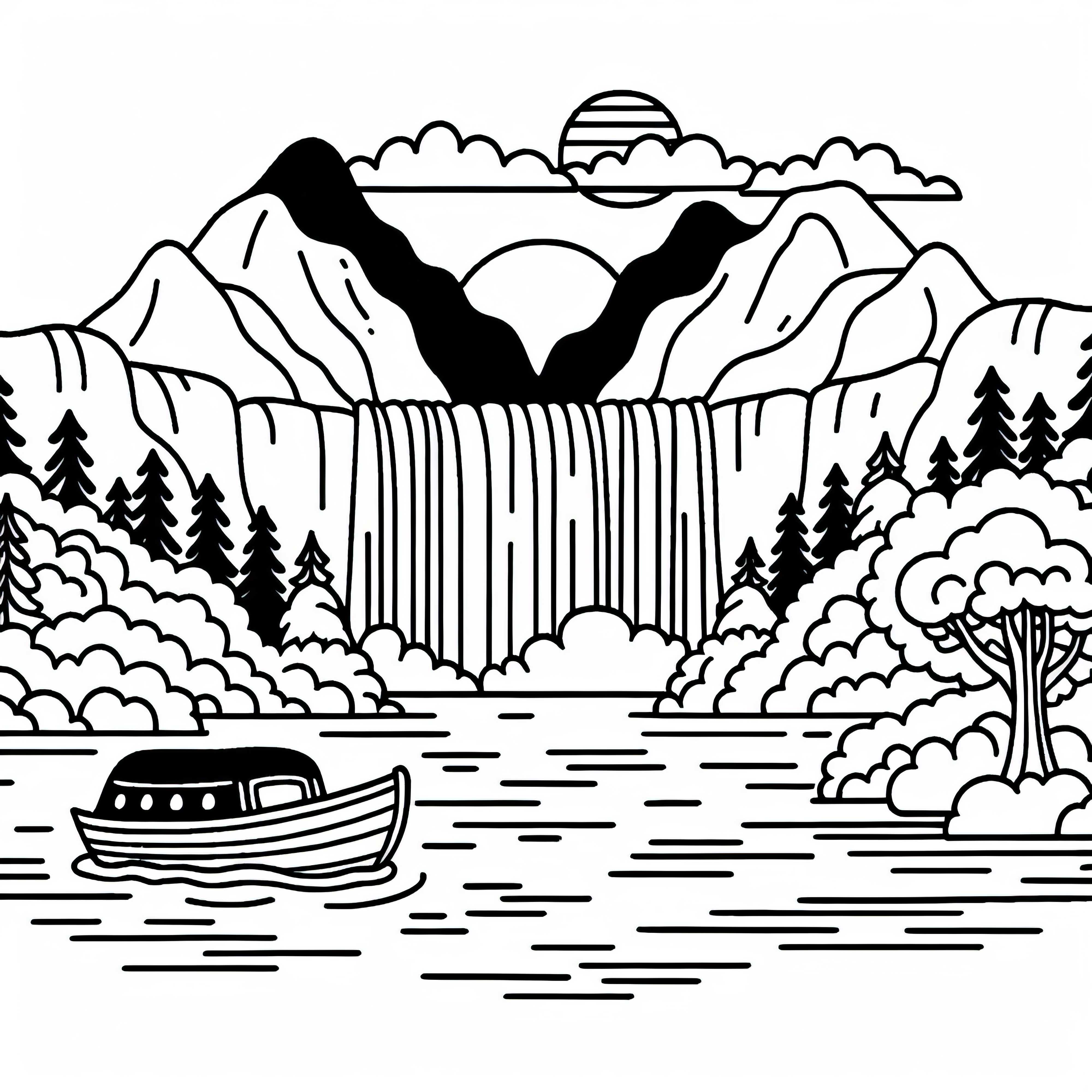 Корабът плава близо до водопада – Безплатна оцветяваща страница Корабът пътува близо до водопада – безплатен шаблон за оцветяване