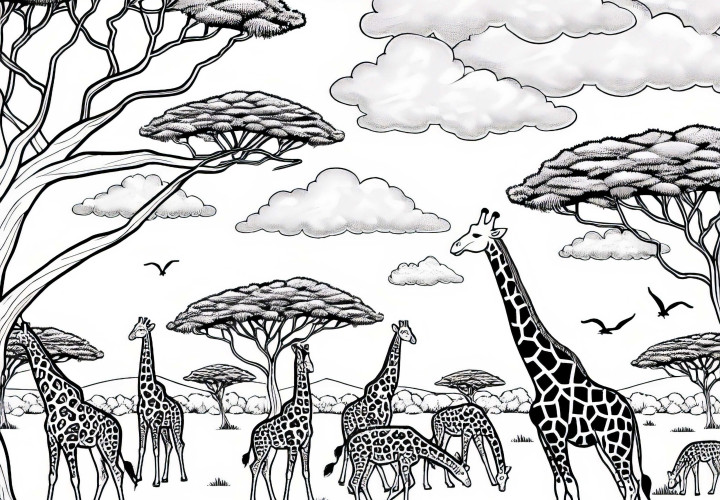 Жирафи пасат между акациеви дървета в саваната - Безплатна картина за оцветяване