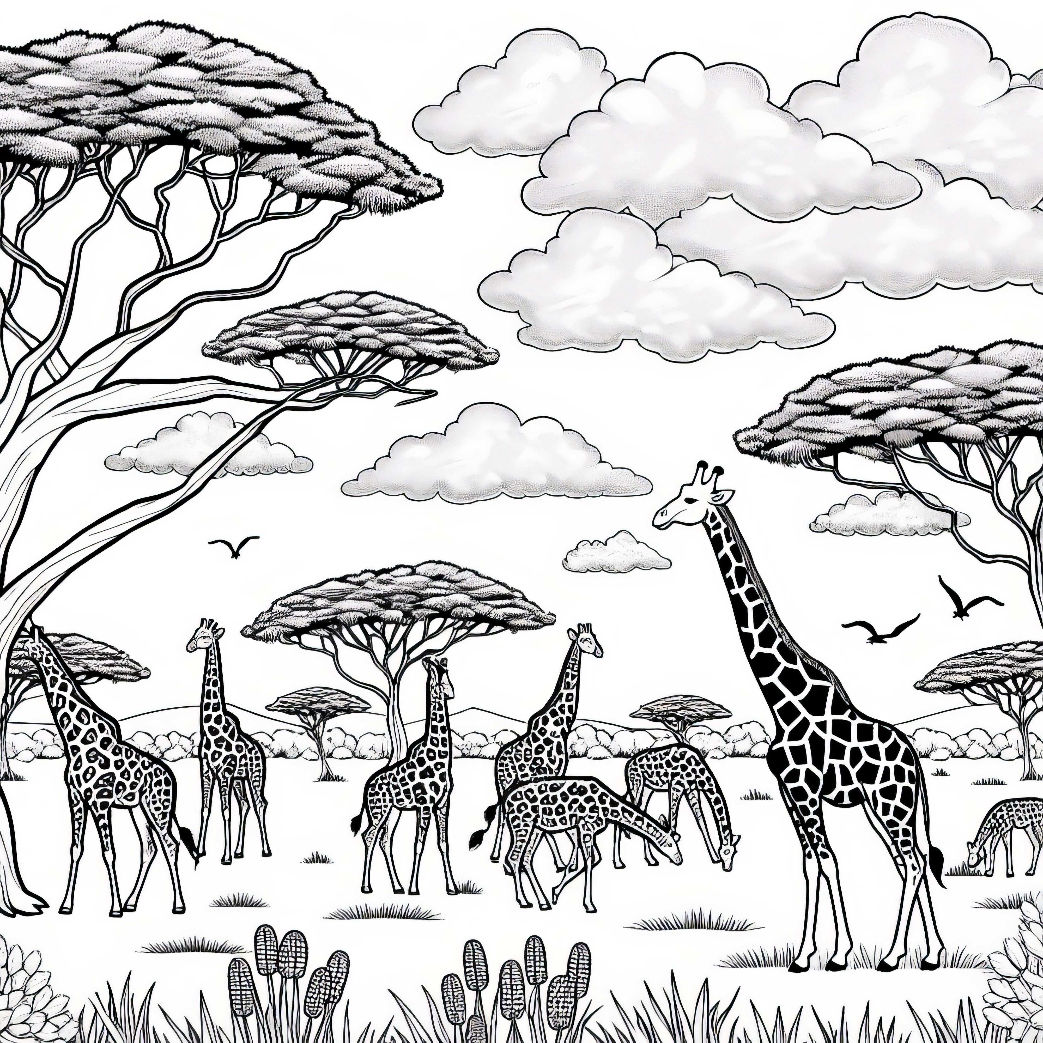 Жирафи пасат между акациеви дървета в саваната – безплатна оцветяваща картина Жирафи пасат между акациеви дървета в саваната – Безплатна рисунка за оцветяване