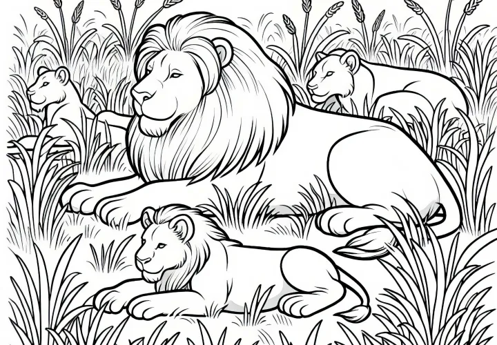 Lion pride rests in the tall grass of the savannah - Free coloring page