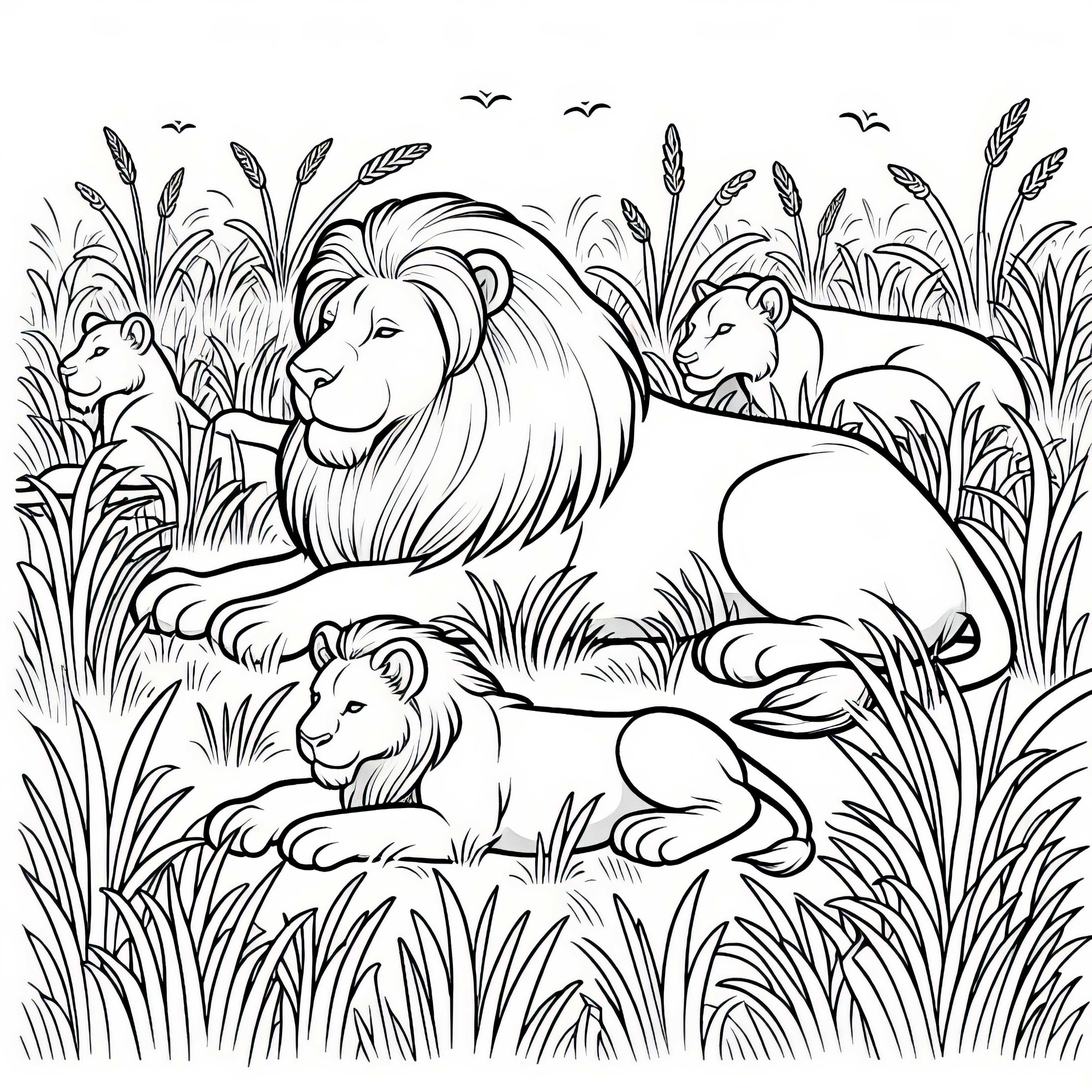 Лъвска яма почива в високата трева в саваната – безплатна рисунка за оцветяване Лъвско стадо почива в дългата трева на саваната – Безплатна рисунка за оцветяване