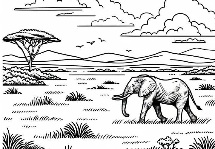 Слонът върви през широка саванна – безплатна картинка за оцветяване