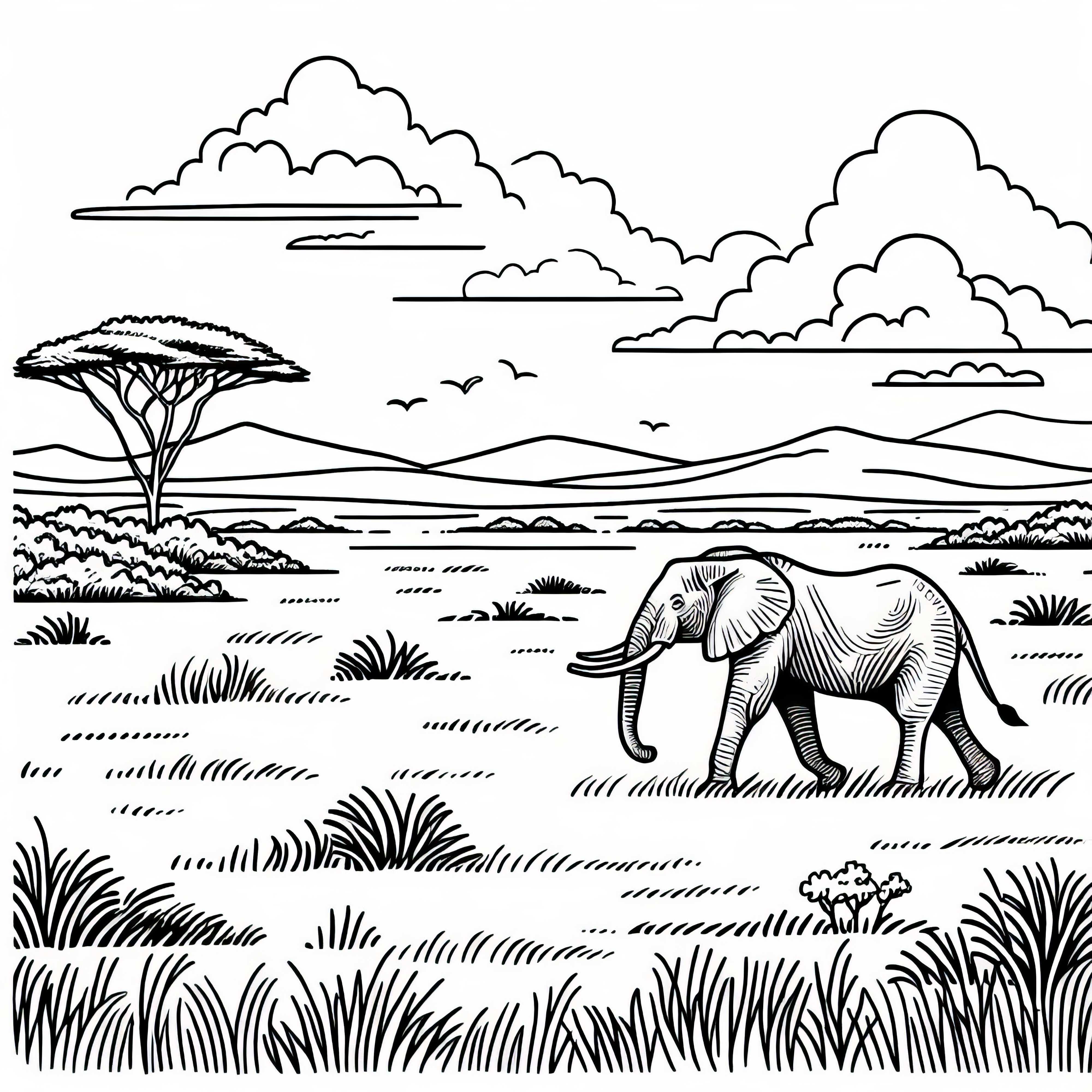 Слонът тича през широка саванна – Безплатна картинка за оцветяване Слонът върви през широката равнина на саваната - Безплатна рисувателна страница