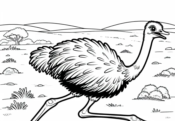Ostrich runs across the dry plain of a savanna - coloring page free