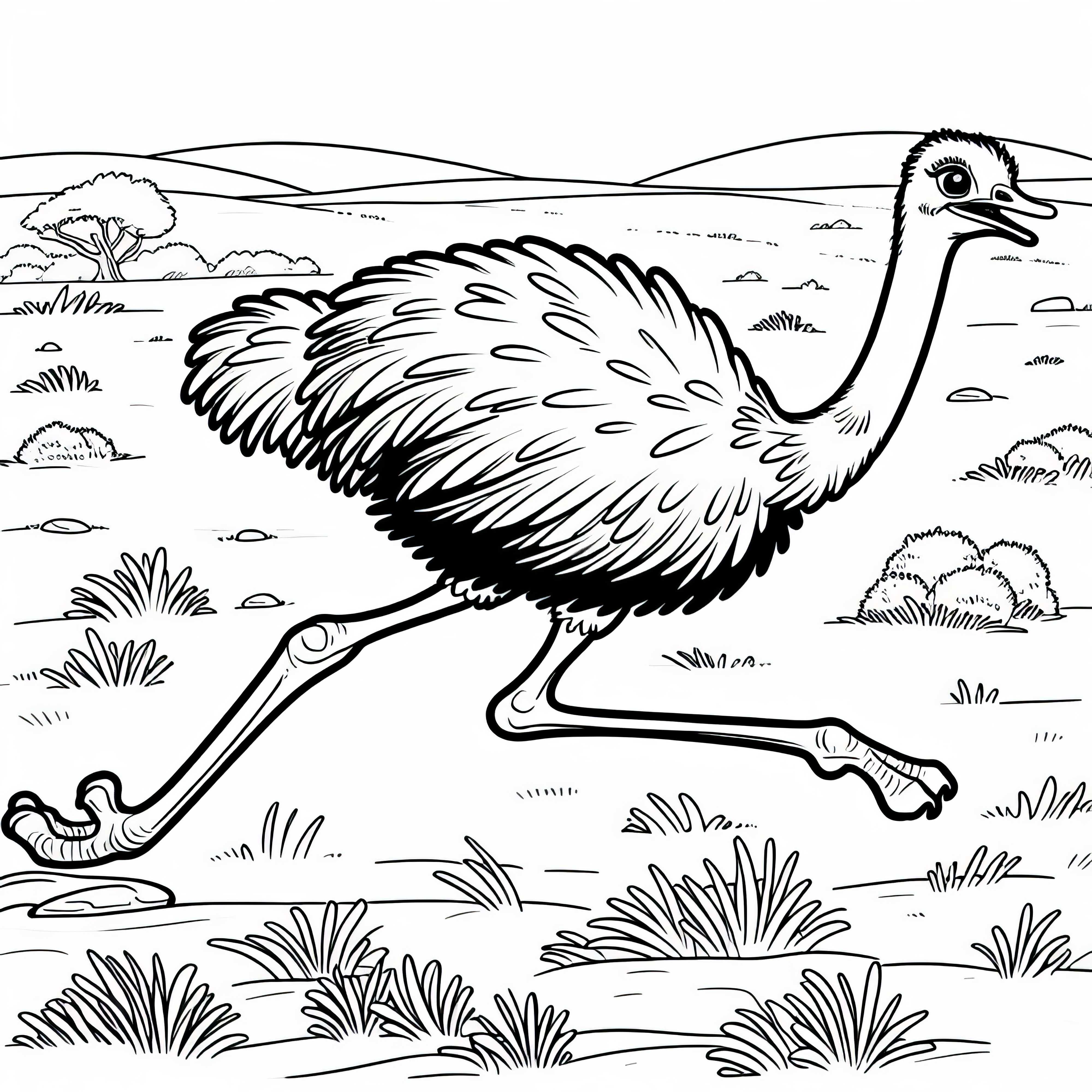 Страус тича по суха равнина на саваната – безплатен оцветяващ лист Страус бяга през суха равнина на савана – безплатен оцветяващ лист