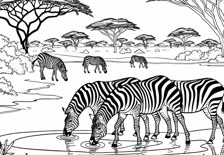 Zebras Drink at a Waterhole in the Savanna – Free Coloring Page