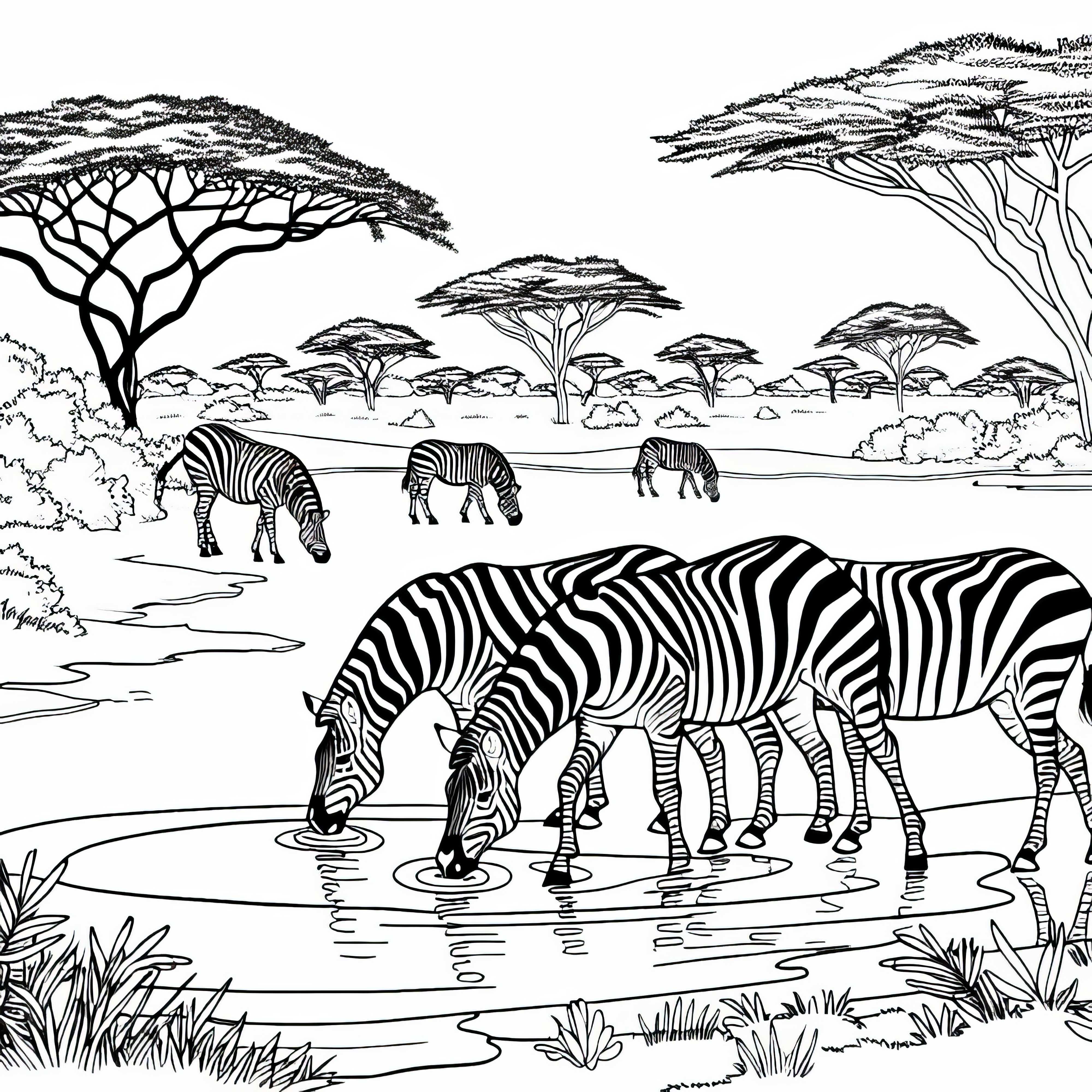 Зебри пият на водопой в саваната – Безплатна оцветявка Зебри пият на водопой в саваната - Безплатна оцветяваща страница
