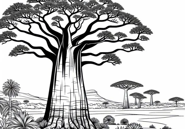 Savanna landscape with baobab trees - Coloring page for free download
