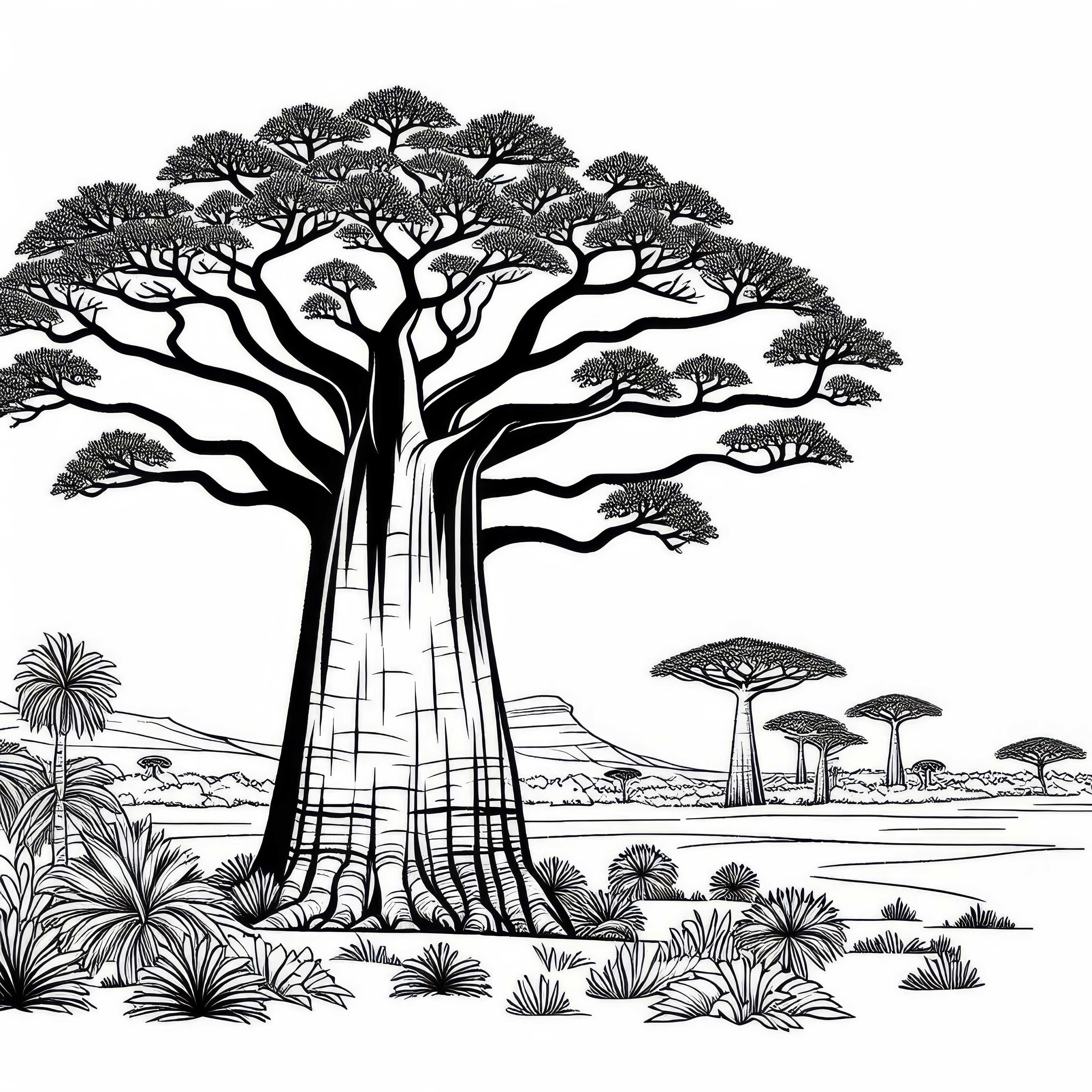 Саванна с баобаби – Оцветяваща картина за безплатно изтегляне Саванна с баобабови дървета – Обрис за рисуване за безплатно изтегляне