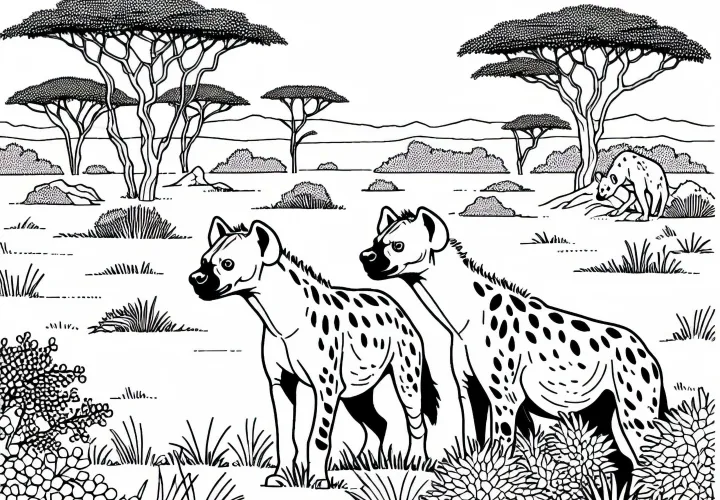 Hyenas observe the surroundings in the savanna - Free coloring page