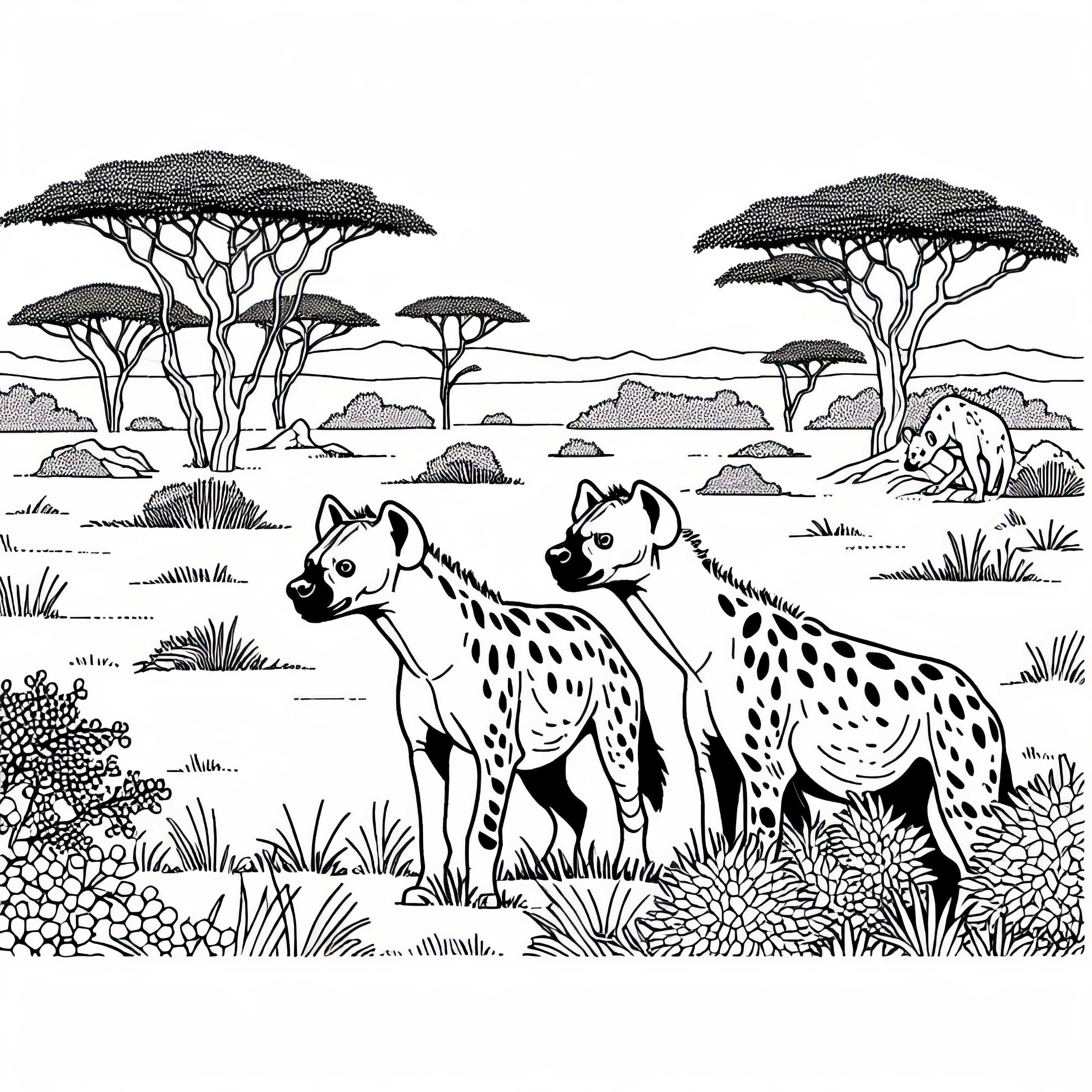 Хиени наблюдават околността в саваната - безплатна картина за оцветяване Хиените наблюдават околната среда в саваната - Безплатна картина за оцветяване