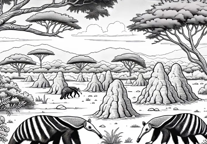 Termite mound with anteaters in the savanna - free coloring page