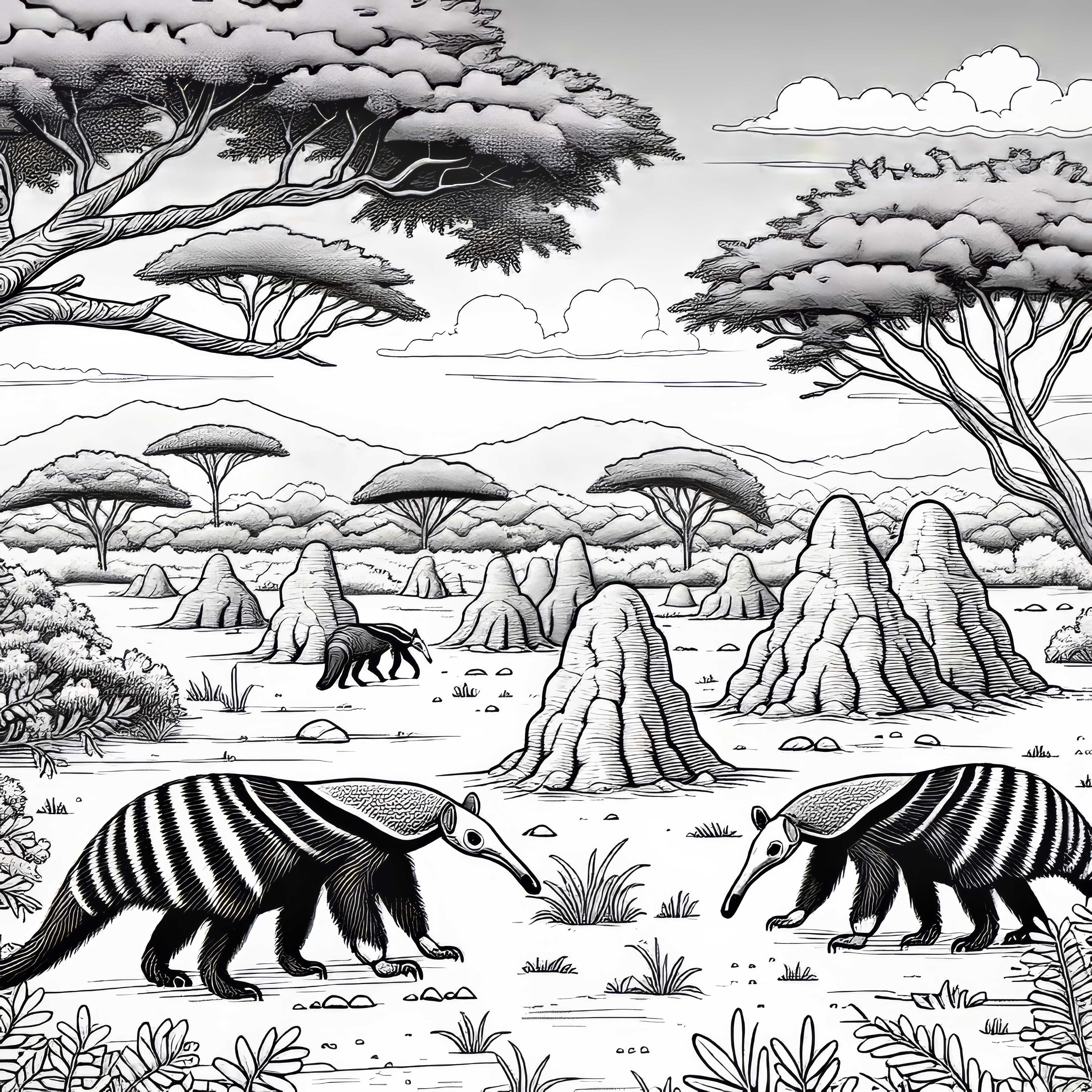 Хълм от термити с мравоядци в саваната - безплатна рисунка за оцветяване Термитник с мравояди в саваната – безплатна картинка за оцветяване