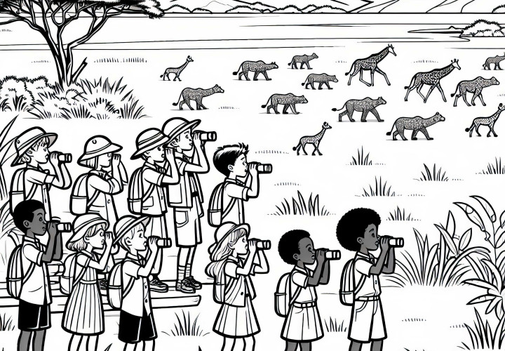 Деца на сафарито в саваната - безплатна цветна картинка