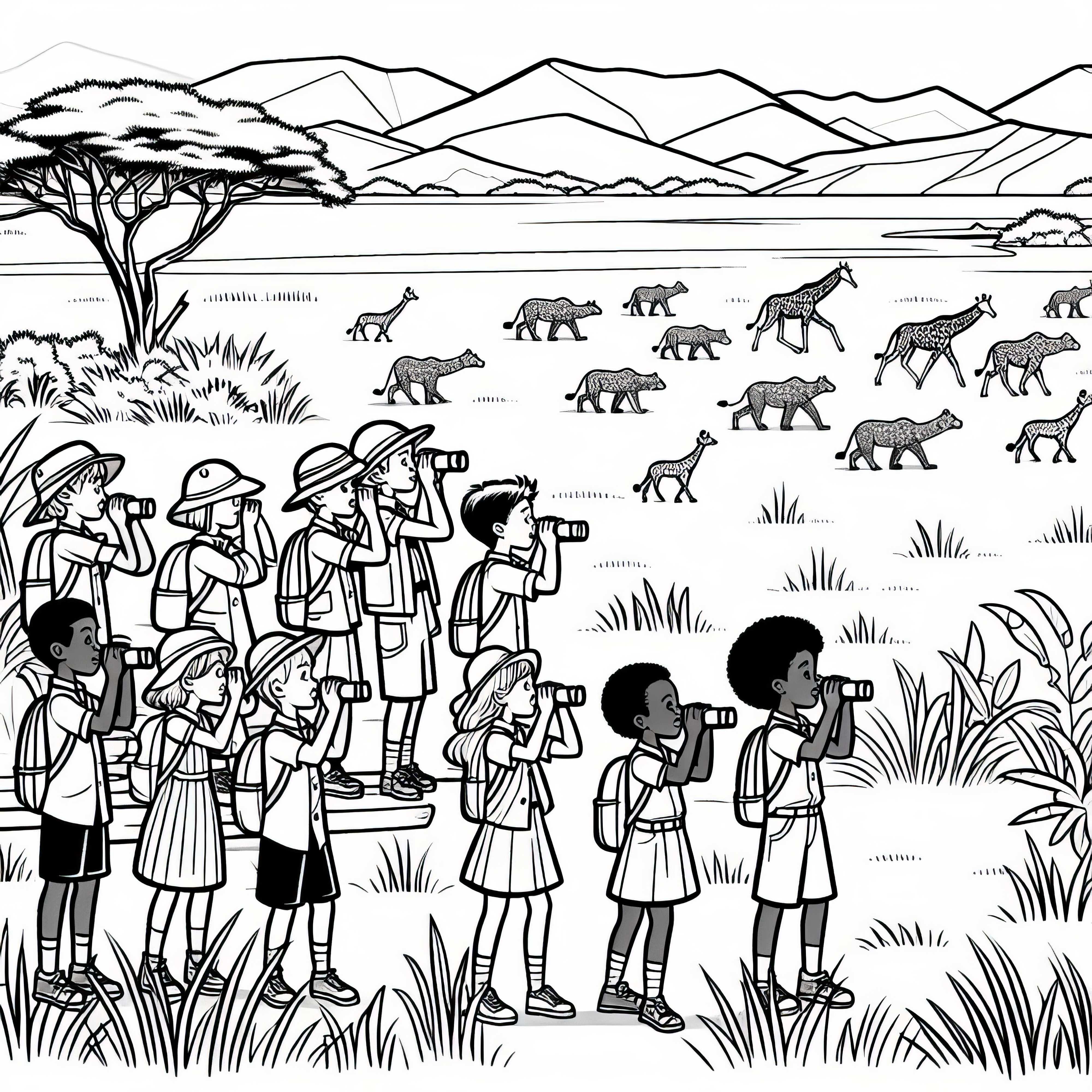 Деца на сафари в саваната – Безплатна картинка за оцветяване Деца на сафари тур в саваната - безплатна цветна картина