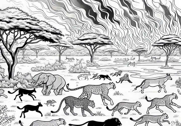 Bushfire with animals fleeing in the savannah – Free coloring page