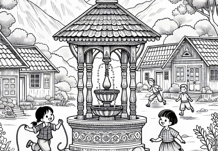 Селски фонтан с играещи деца - шаблон за оцветяване безплатно