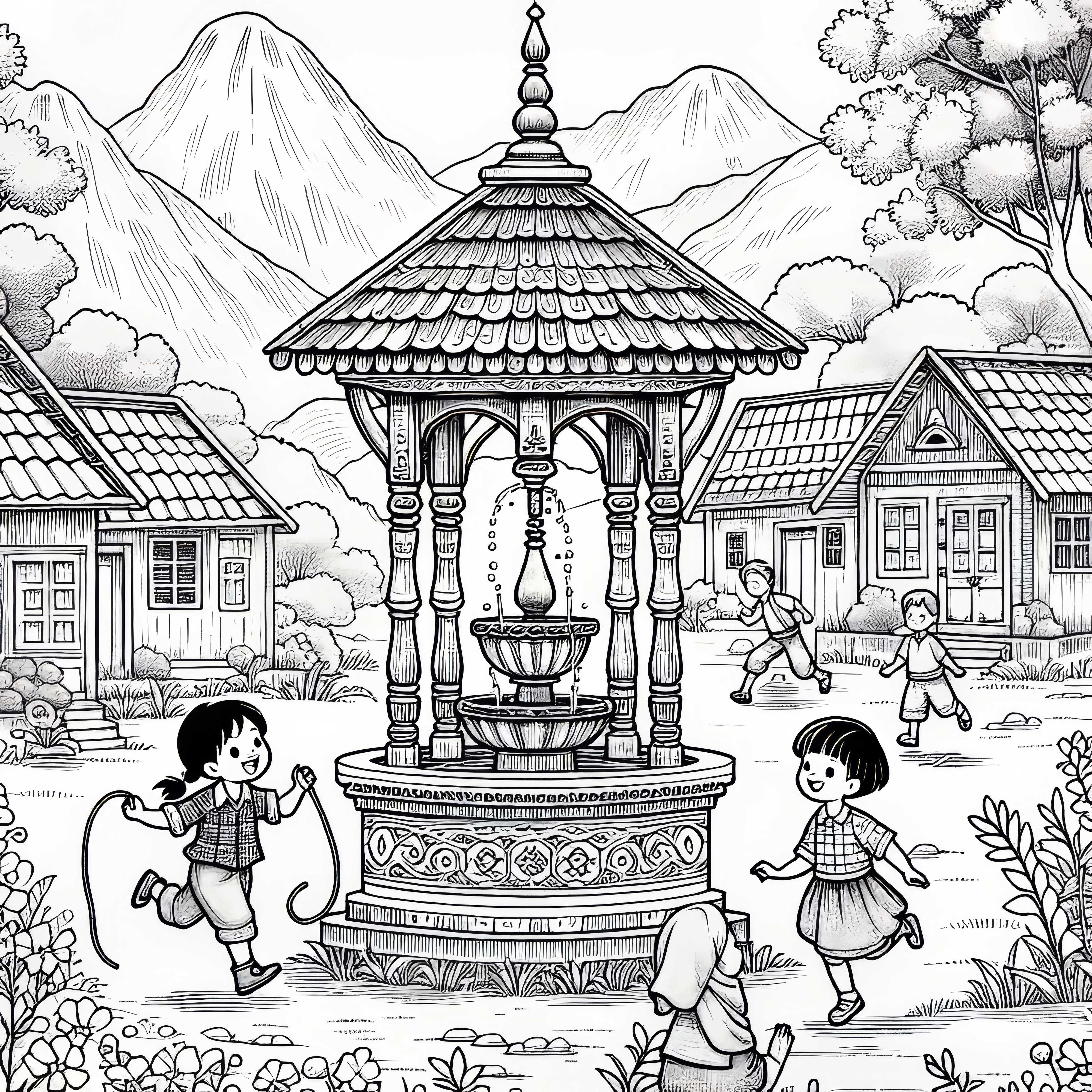 Селски кладенец с играещи деца - Безплатна оцветяваща страница Селски кладенец с играещи деца - безплатен вариант за оцветяване