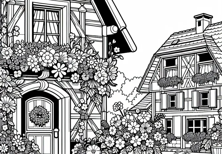 Small half-timbered houses with flowers in front of windows in a village - Free coloring page